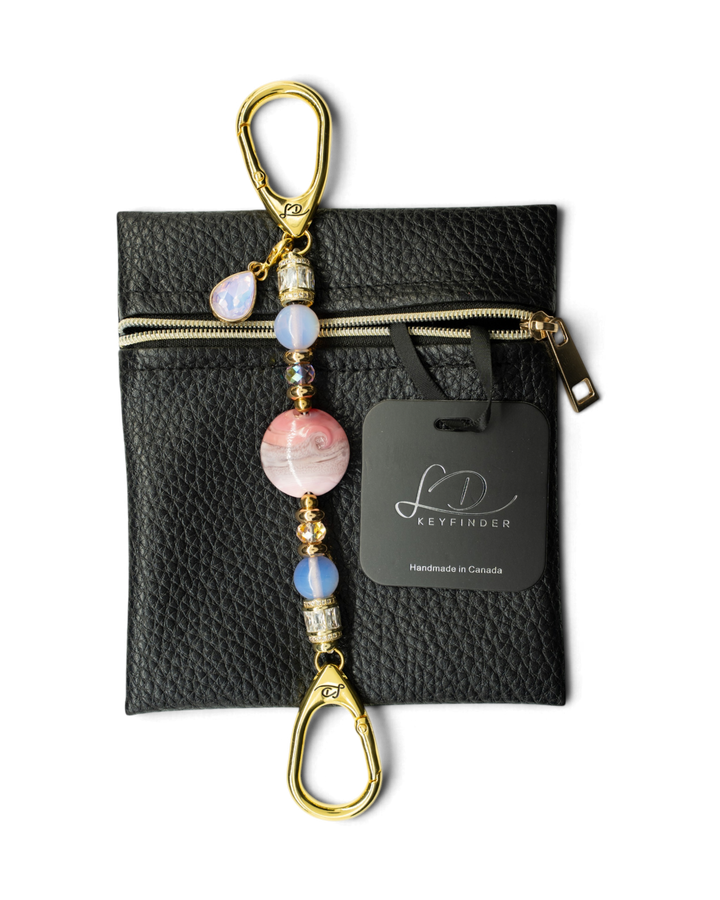 LD Keyfinder Blushing Opaline Petite with pink opalite beads, artisan glass centerpiece, and gold-plated hardware.