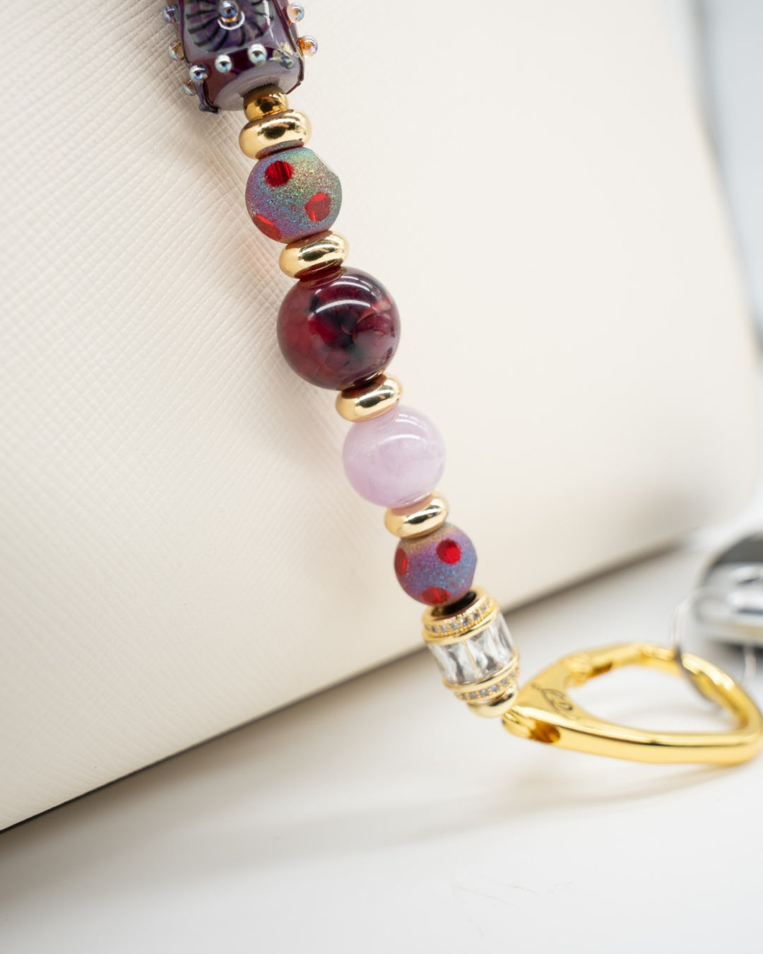 LD Keyfinder Bordeaux Bloom artisan glass and gemstone beaded keychain with gold-plated accents and flower charm