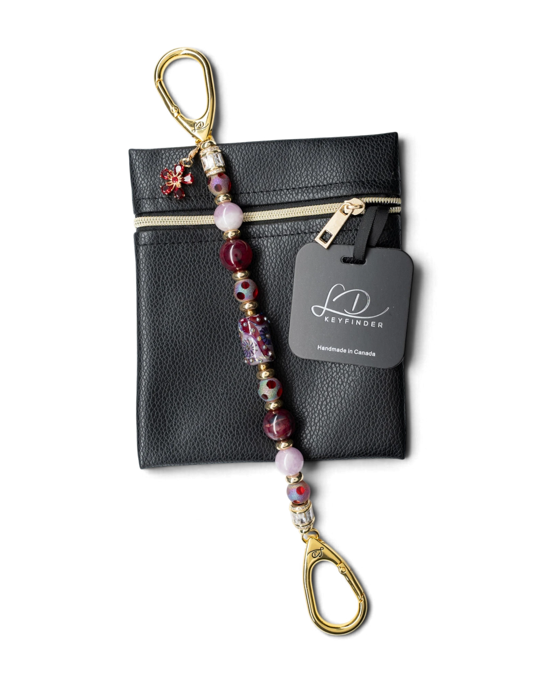 LD Keyfinder Bordeaux Bloom beaded keychain with burgundy agate, lavender kunzite, and gold-plated flower charm.