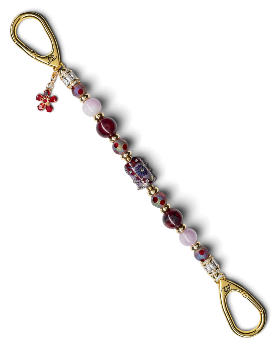LD Keyfinder Bordeaux Bloom beaded keychain with burgundy agate, lavender kunzite, artisan glass, and gold flower charm