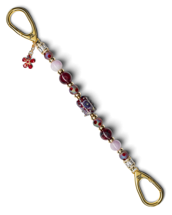 LD Keyfinder Bordeaux Bloom beaded keychain with burgundy agate, lavender kunzite, artisan glass, and gold flower charm