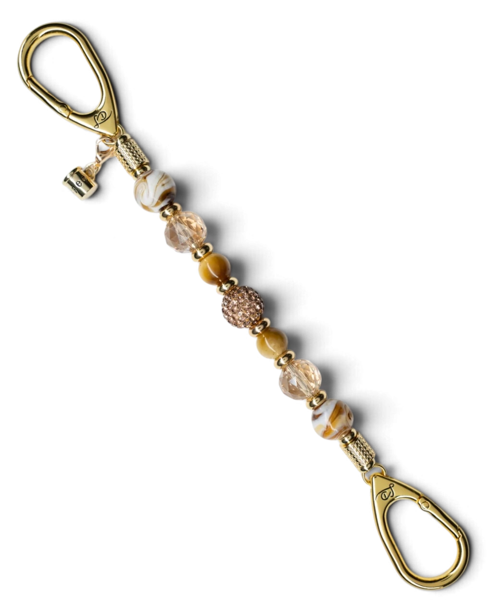 LD Keyfinder Caramel Latte beaded keychain with tiger eye, lampwork glass, Austrian crystal, and gold coffee cup charm.