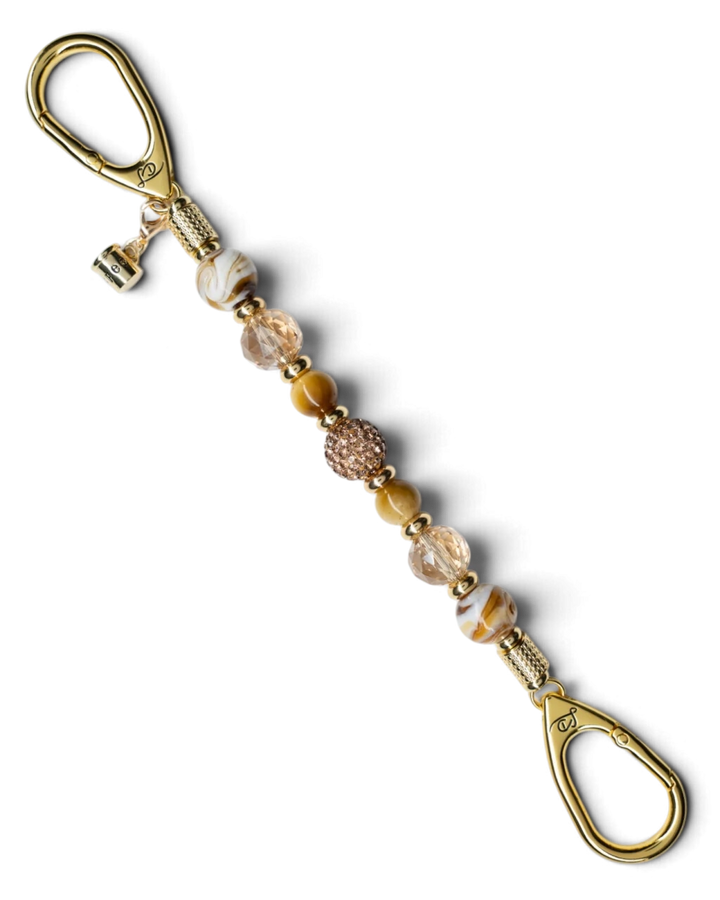LD Keyfinder Caramel Latte beaded keychain with tiger eye, lampwork glass, Austrian crystal, and gold coffee cup charm.