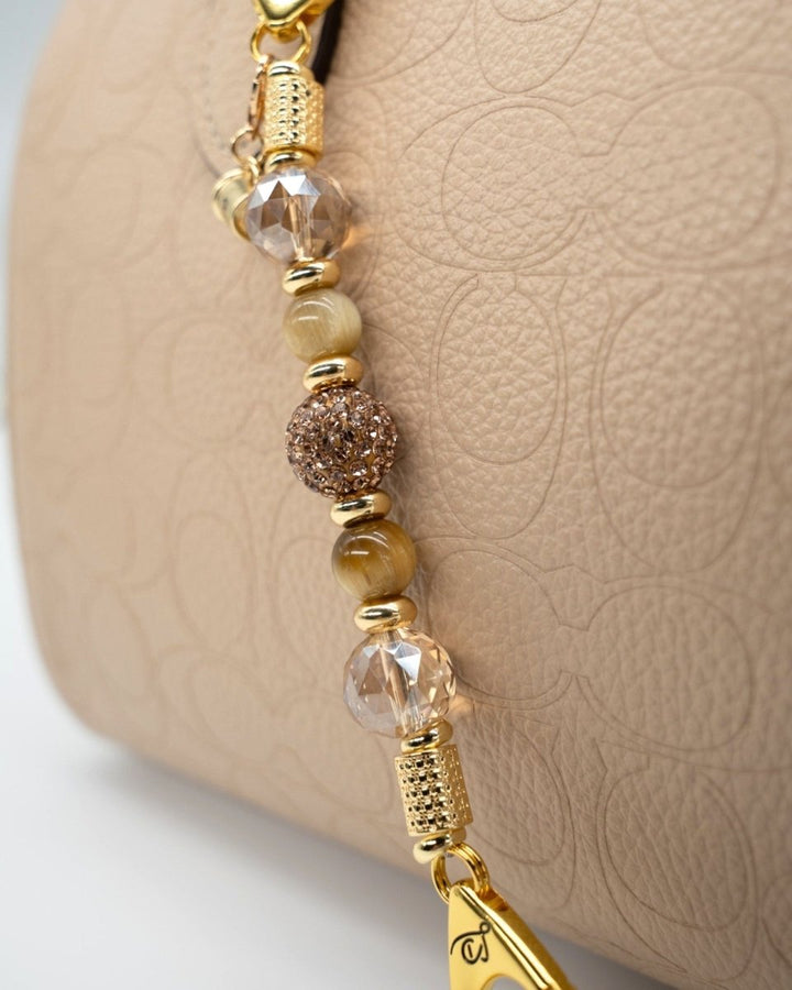 LD Keyfinder Caramel Latte-Mini beaded accessory with tiger eye gemstones, golden crystal, and a coffee cup charm.
