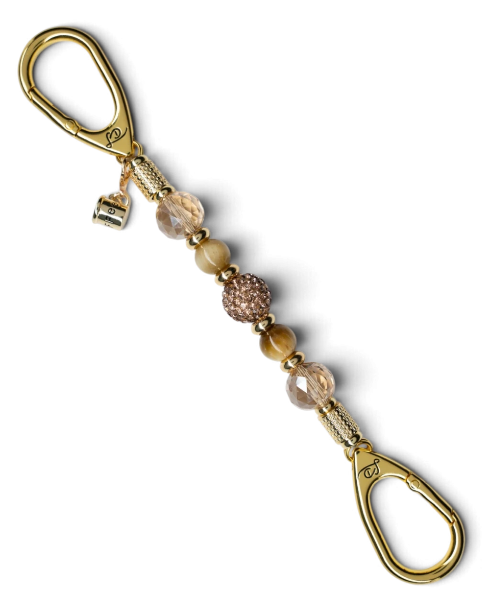 LD Keyfinder Caramel Latte-Mini beaded keychain with tiger eye gemstones, golden crystal, and coffee cup charm.