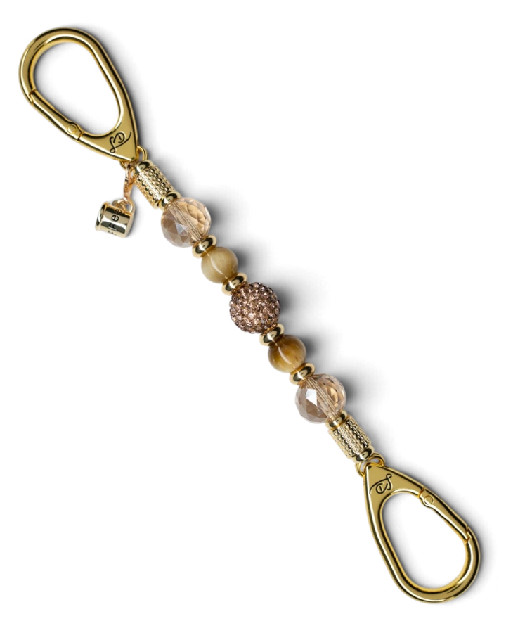 LD Keyfinder Caramel Latte-Mini beaded keychain with tiger eye gemstones, golden crystal, and coffee cup charm.