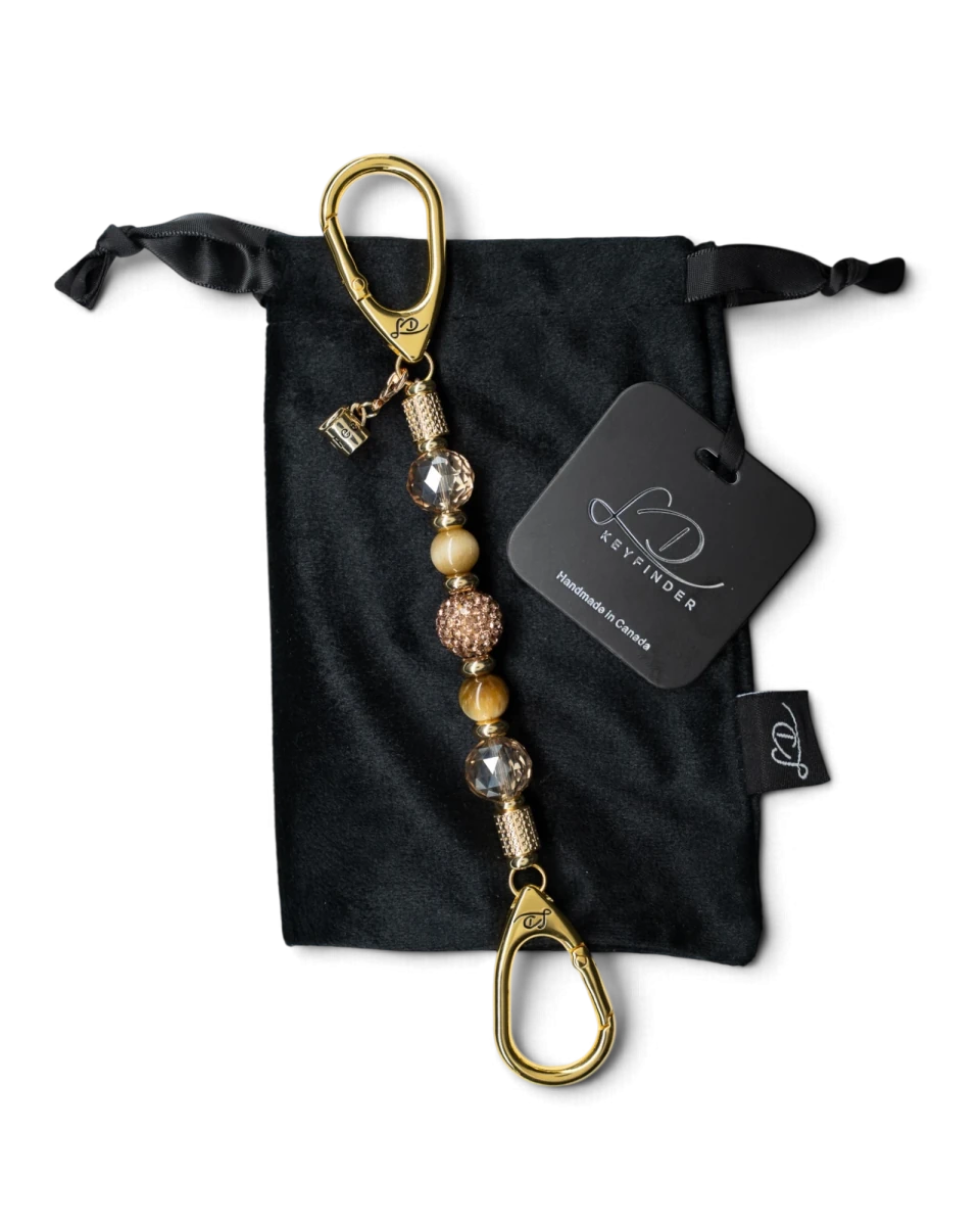 LD Keyfinder Caramel Latte-Mini key chain with tiger eye beads, golden crystal, and a gold-plated coffee cup charm.