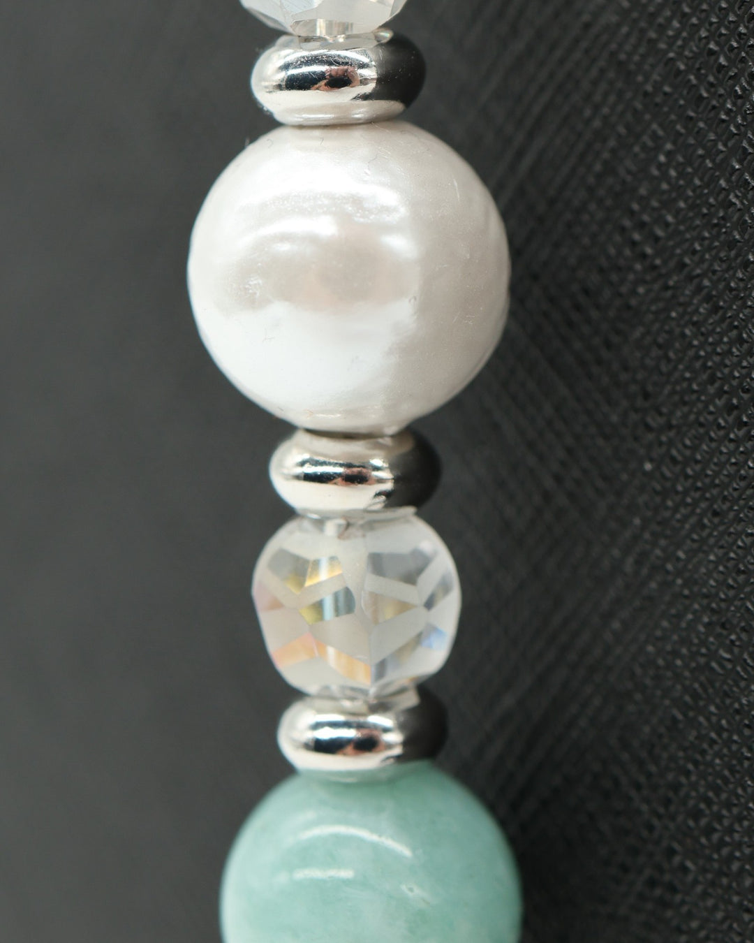 LD Keyfinder Caribbean Pearl beaded accessory featuring aqua jade, white shell pearl, and faceted glass beads.