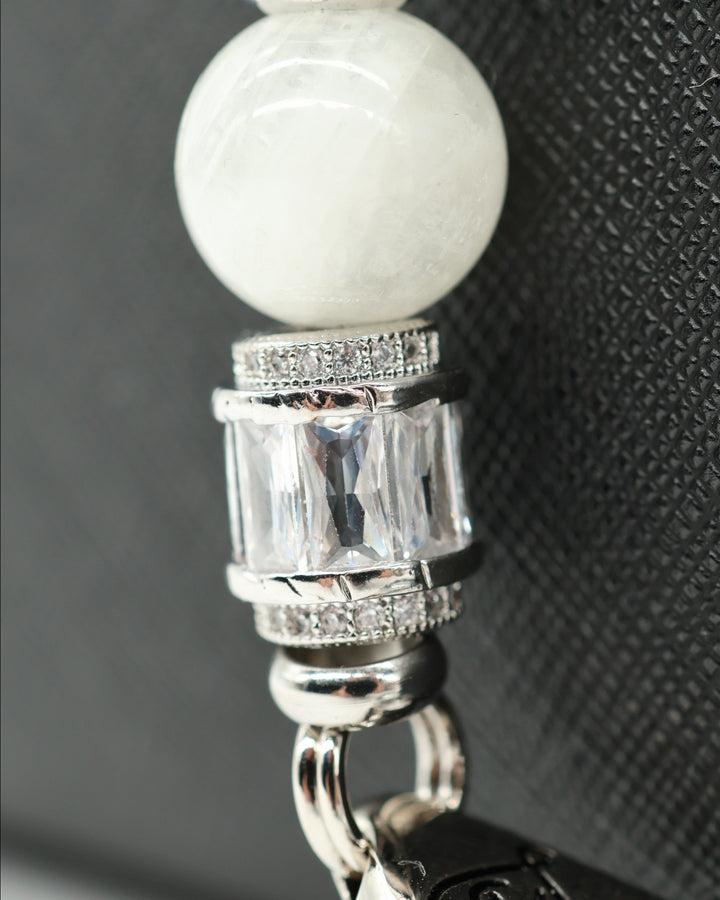 LD Keyfinder Caribbean Pearl beaded accessory with aqua jade, moonstone, shell pearl, and baguette rhinestone beads.