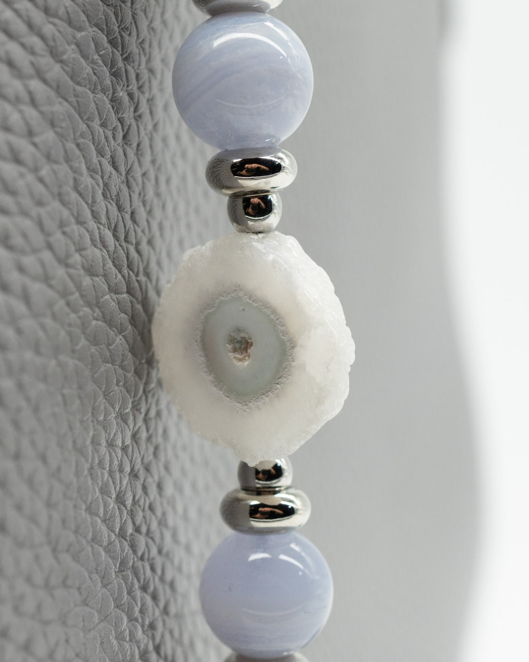 LD Keyfinder Cloud Dancer accessory featuring blue lace agate, rainbow moonstone beads, and a druzy agate slice.