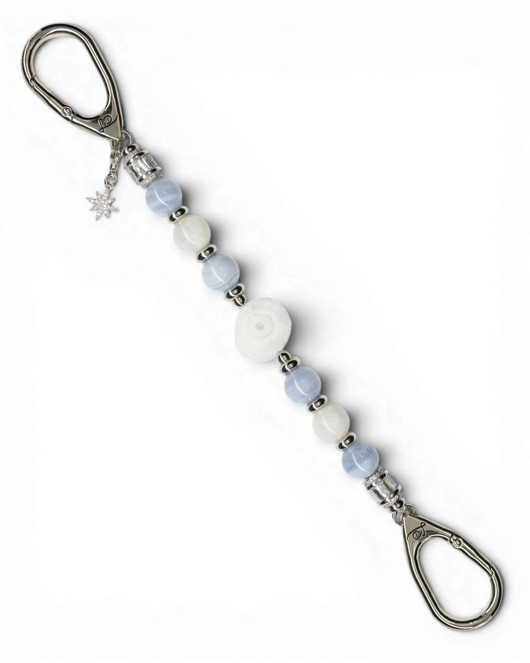 LD Keyfinder Cloud Dancer beaded accessory with blue lace agate, rainbow moonstone, druzy agate, and a star charm.