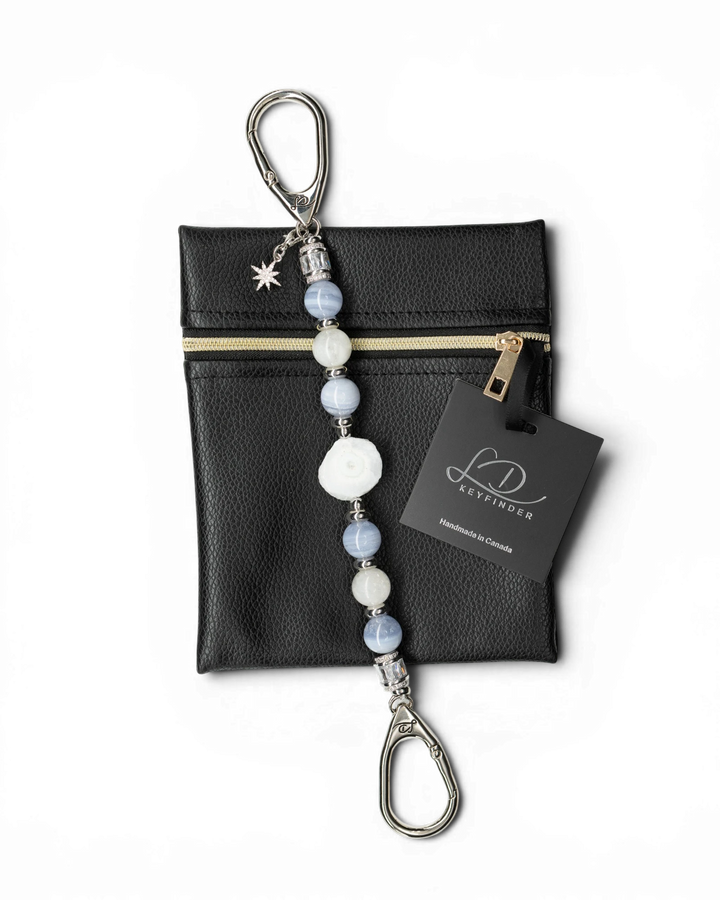LD Keyfinder Cloud Dancer beaded key chain with blue lace agate, moonstone, druzy agate, and a star charm on a pouch.