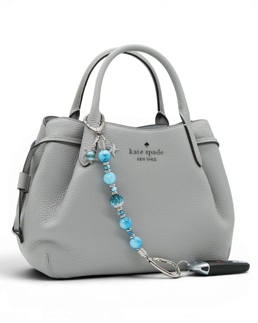 LD Keyfinder Coastal Tide keychain with aqua hemimorphite beads, Austrian crystal, turtle and starfish charms.