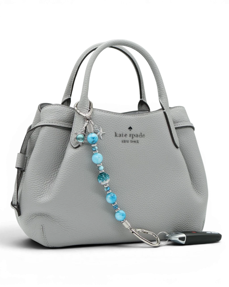 LD Keyfinder Coastal Tide keychain with aqua hemimorphite beads, Austrian crystal, turtle and starfish charms.
