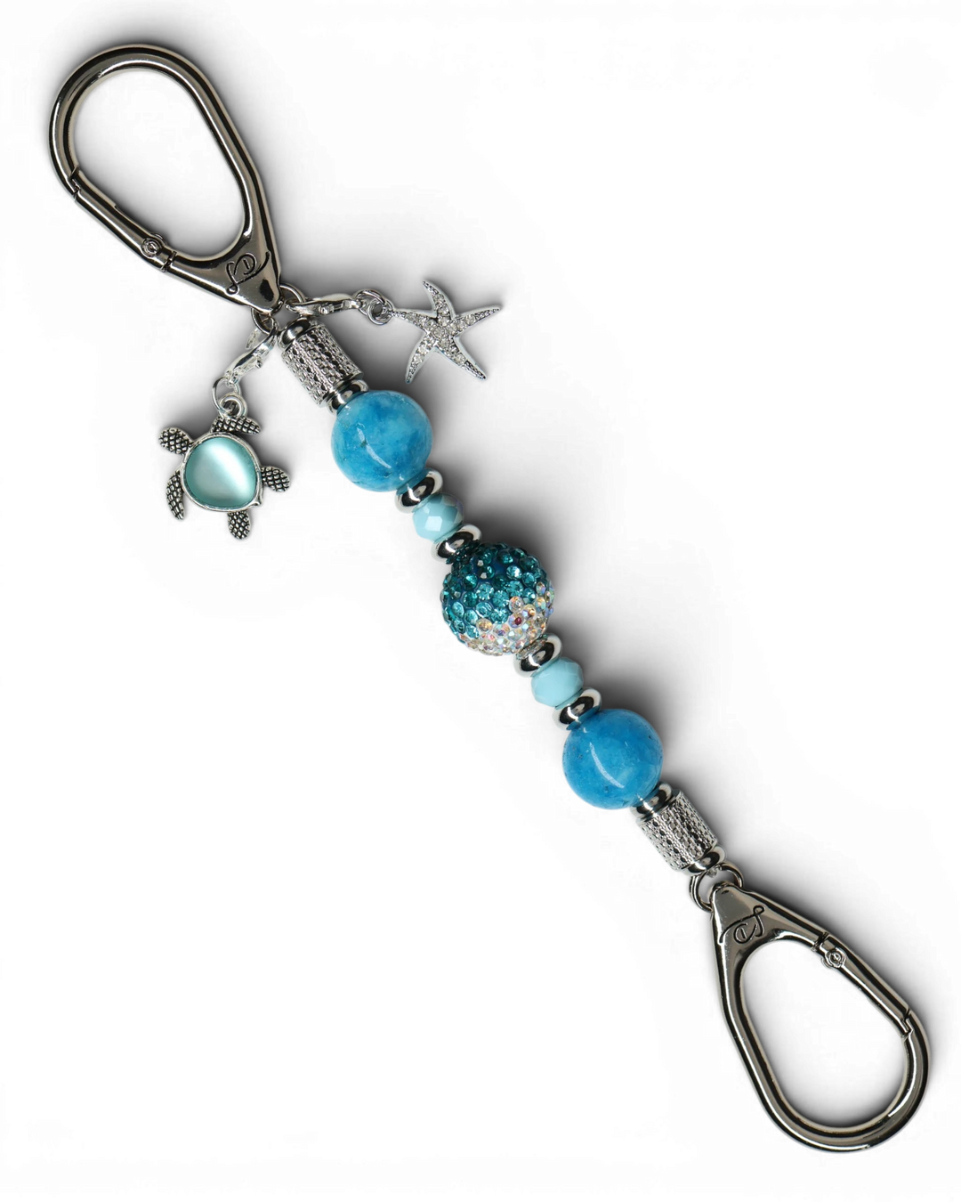 LD Keyfinder Coastal Tide Mini keychain with blue hemimorphite beads, iridescent crystal bead, turtle and starfish charms.