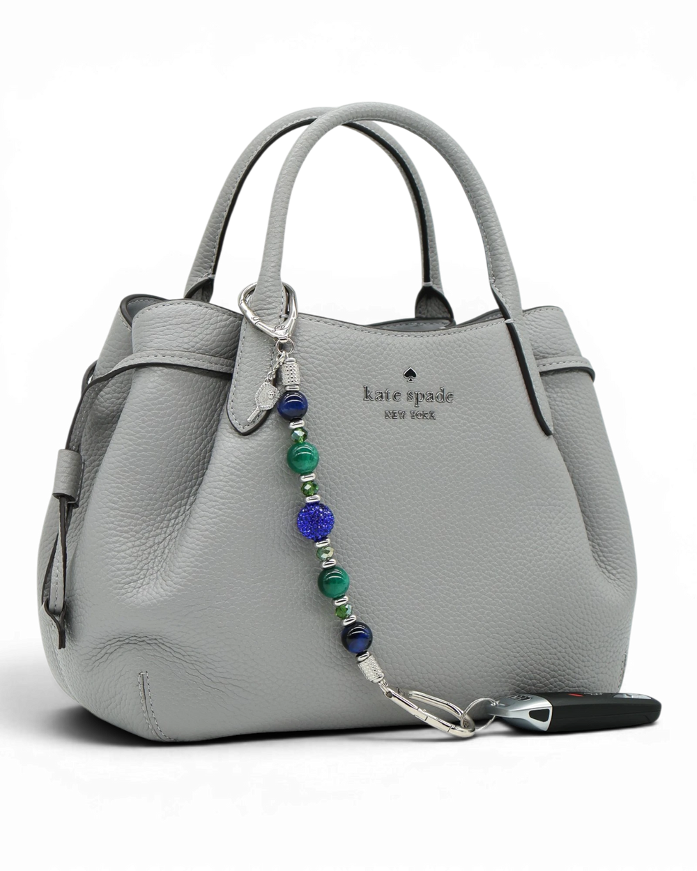 LD Keyfinder Courtside Bliss beaded key finder with blue tiger eye, green agate, and a pickleball paddle charm.