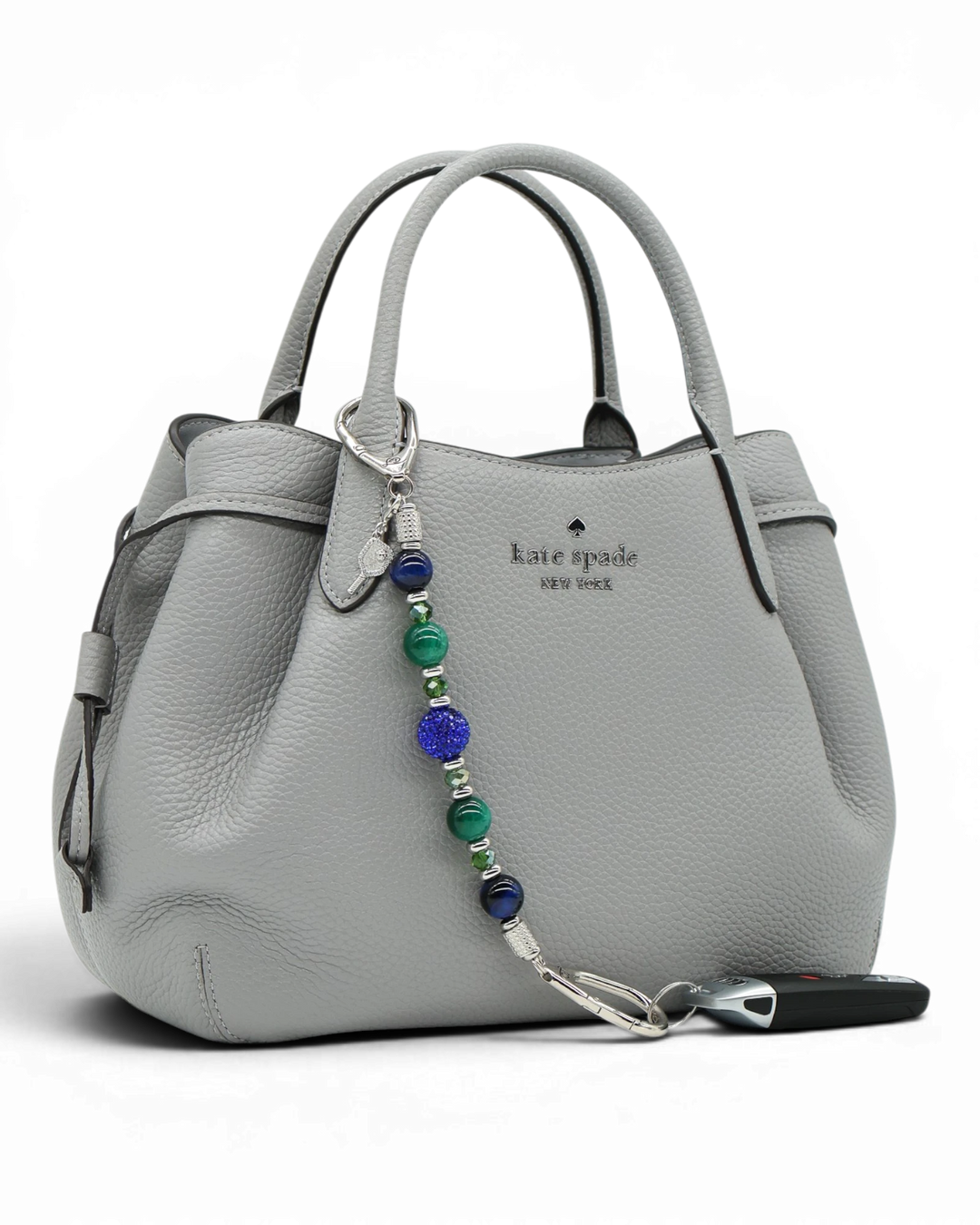 LD Keyfinder Courtside Bliss beaded key finder with blue tiger eye, green agate, and a pickleball paddle charm.