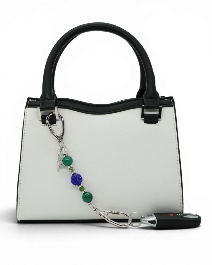 LD Keyfinder Courtside Bliss-Mini beaded keychain with navy crystal, green agate, and pickleball paddle charm.
