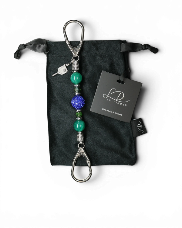 LD Keyfinder Courtside Bliss-Mini beaded keychain with navy Austrian crystal, green agate, and pickleball paddle charm