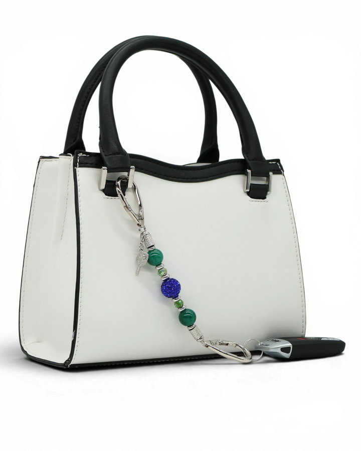 LD Keyfinder Courtside Bliss-Mini beaded keychain with navy crystal, green agate, and pickleball paddle charm on bag