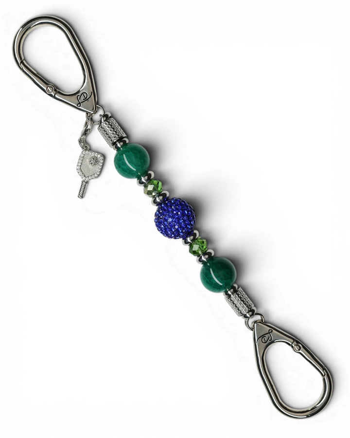 LD Keyfinder Courtside Bliss-Mini with green agate, moss green glass, navy crystal, and pickleball paddle charm.
