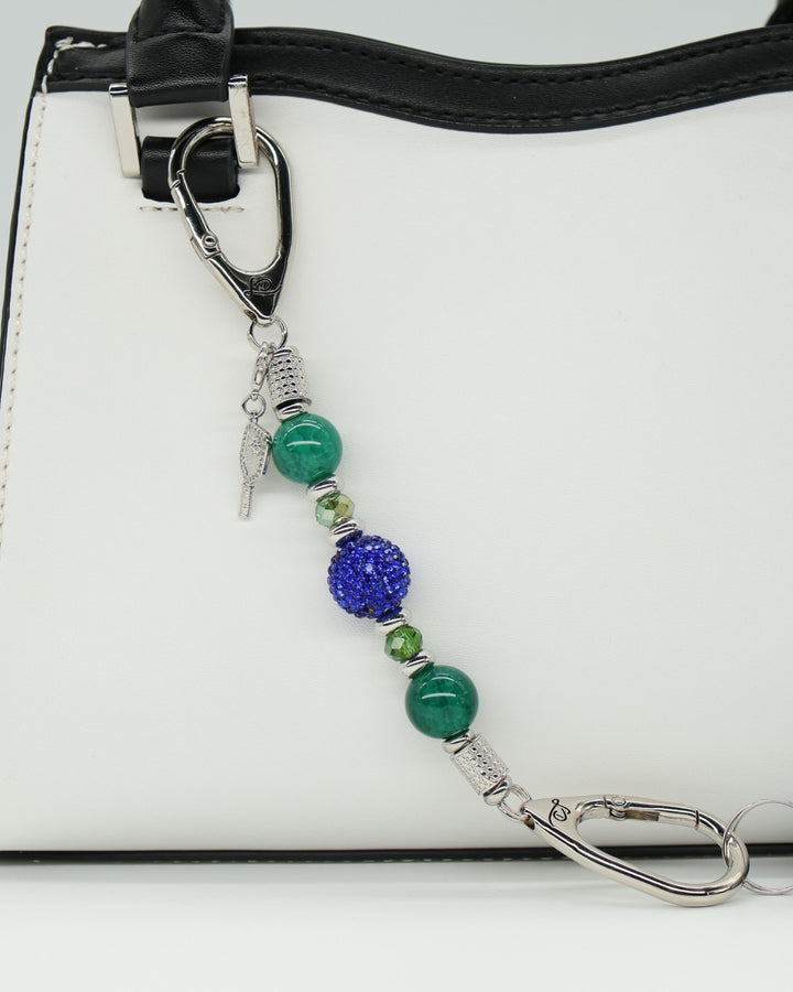 LD Keyfinder Courtside Bliss-Mini featuring green agate, navy Austrian crystal, and a pickleball paddle charm.