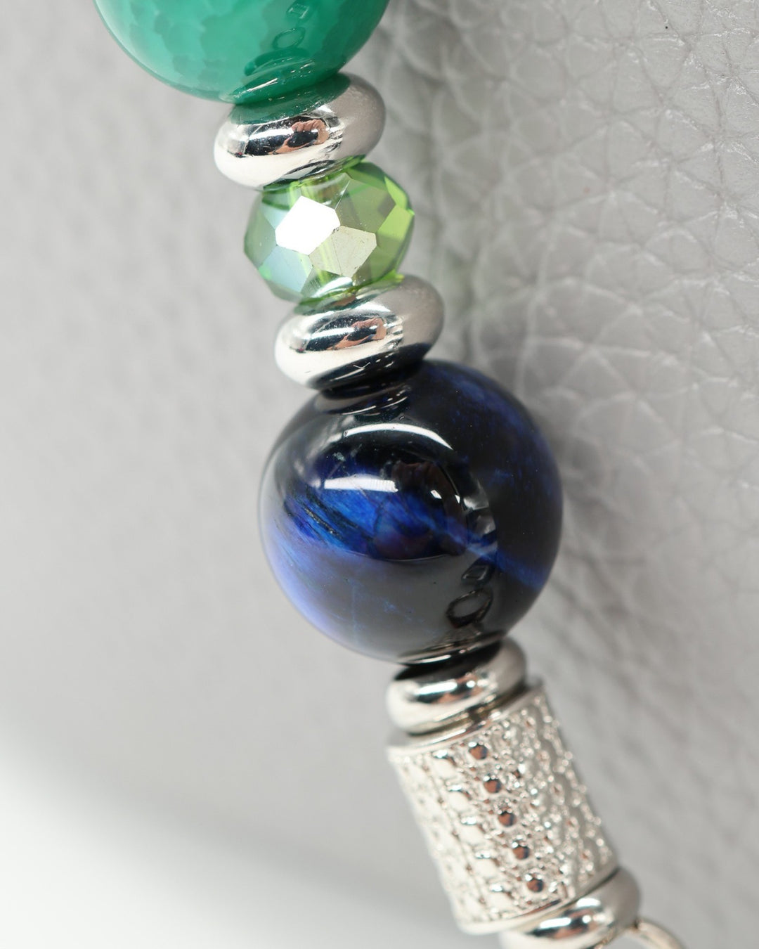 LD Keyfinder Courtside Bliss beaded accessory with blue tiger eye, green agate, and a pickleball paddle charm.