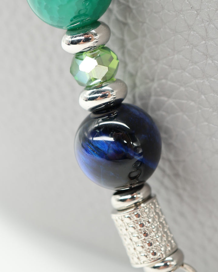 LD Keyfinder Courtside Bliss beaded accessory with blue tiger eye, green agate, and a pickleball paddle charm.