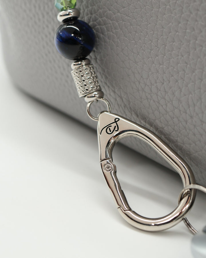 LD Keyfinder Courtside Bliss beaded keychain with blue tiger eye, green agate, and a pickleball paddle charm.