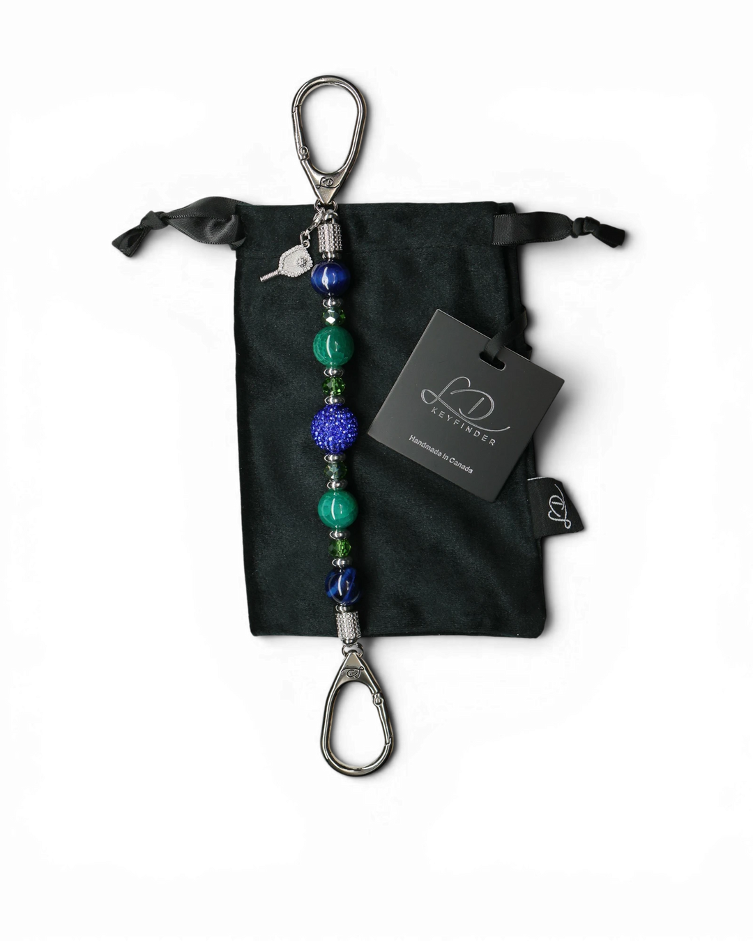 LD Keyfinder Courtside Bliss beaded keychain with blue tiger eye, green agate, and a pickleball paddle charm.