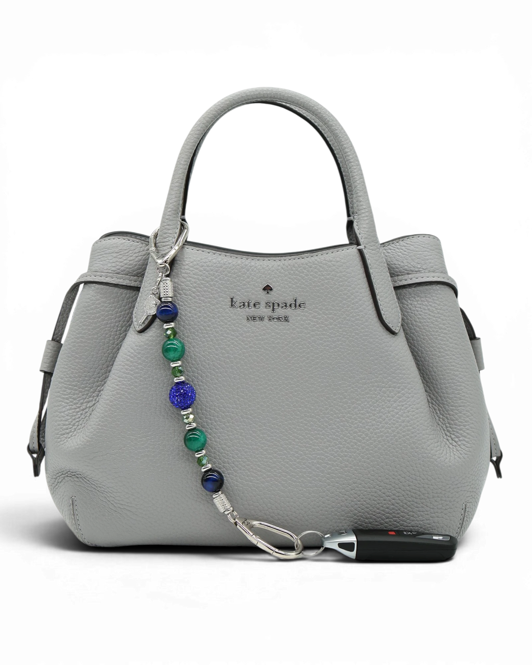 LD Keyfinder Courtside Bliss beaded keychain with blue tiger eye, green agate, and a pickleball paddle charm.