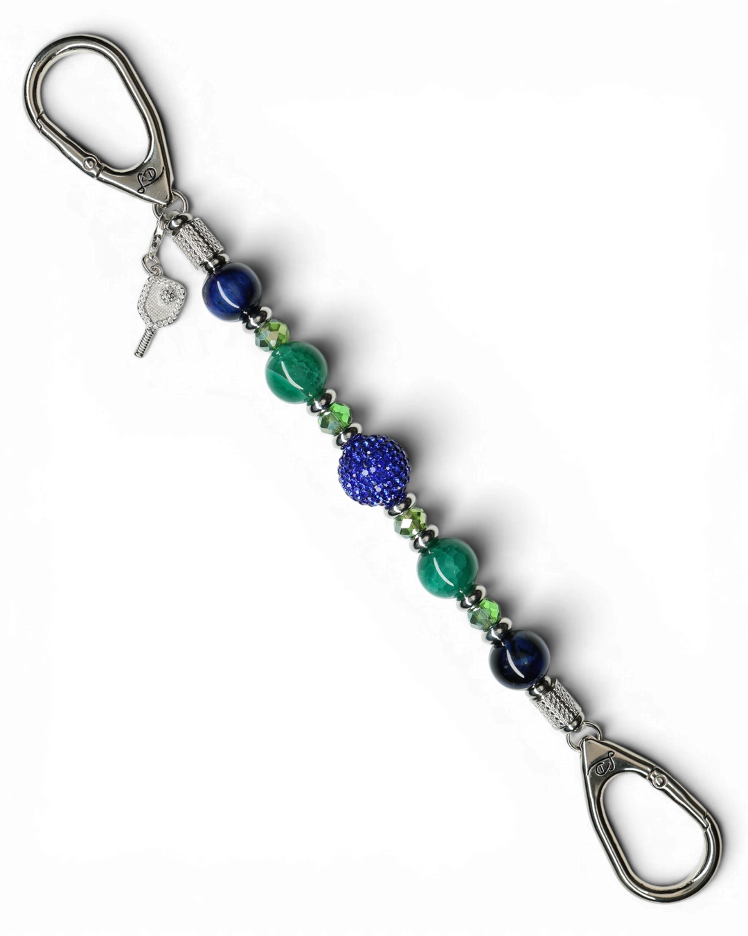 LD Keyfinder Courtside Bliss beaded keychain with blue tiger eye, green agate, and a pickleball paddle charm.