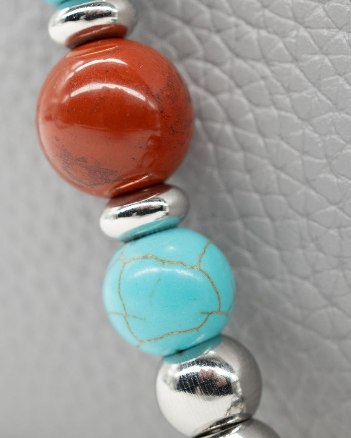 LD Keyfinder Cowgirl Dreams beaded keychain with red jasper, turquoise, and polished stainless steel beads.