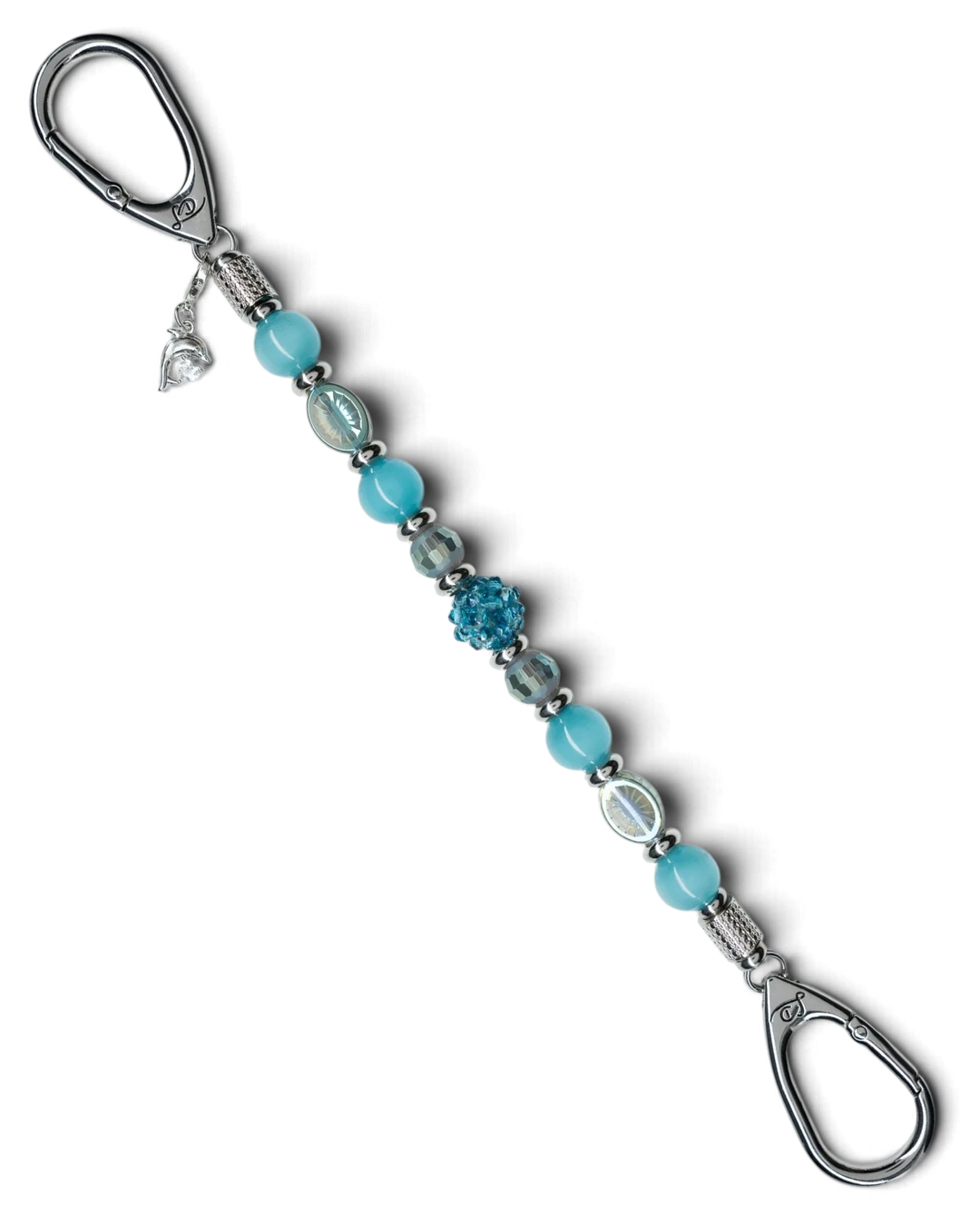 LD Keyfinder Dolphin Dream beaded key finder with aqua glass beads and a rhinestone dolphin charm.