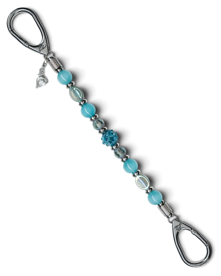 LD Keyfinder Dolphin Dream beaded key finder with aqua glass beads and a rhinestone dolphin charm.