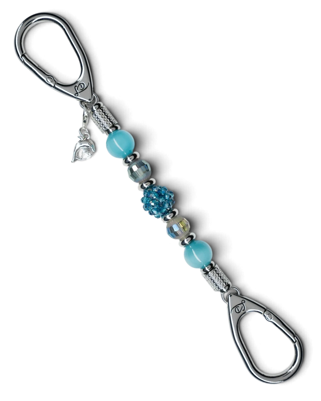 LD Keyfinder Dolphin Dream Mini featuring aqua cat's eye beads, woven glass, and a rhinestone dolphin charm.