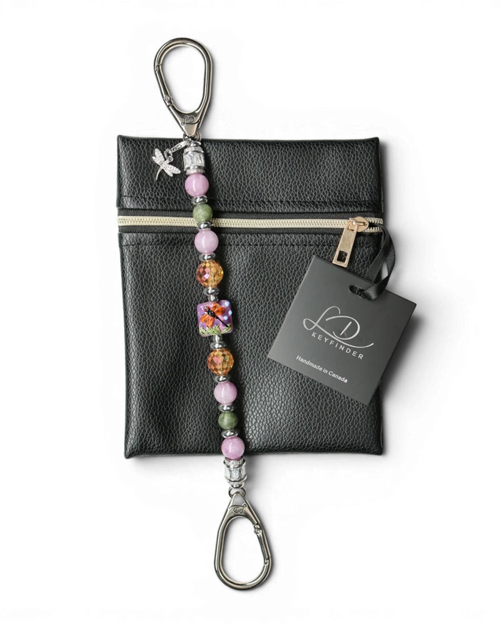 LD Keyfinder Dragonfly Magic keychain with purple lepidolite, green jade, and orange glass beads, and a rhinestone charm.