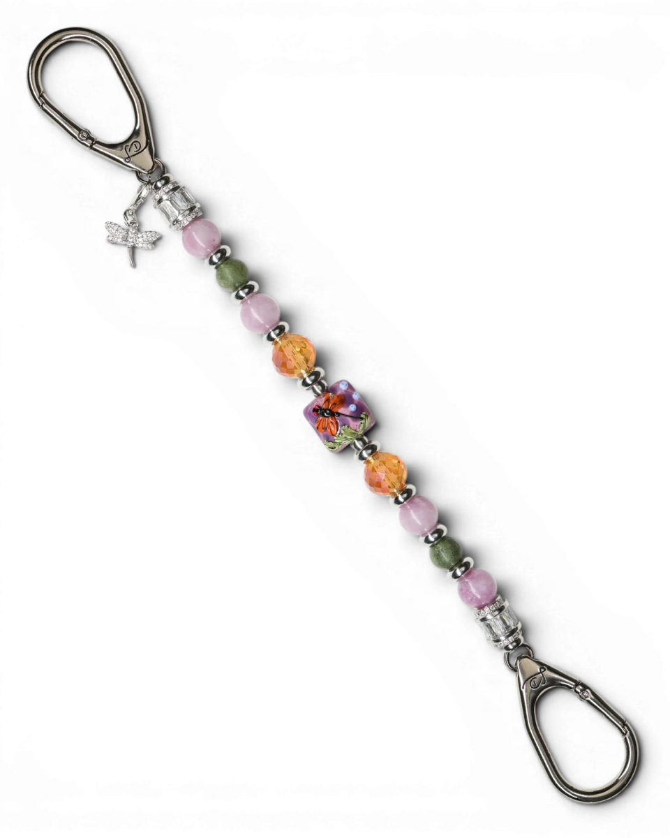 LD Keyfinder Dragonfly Magic keychain with purple lepidolite, green jade, orange glass beads, and rhinestone charm.