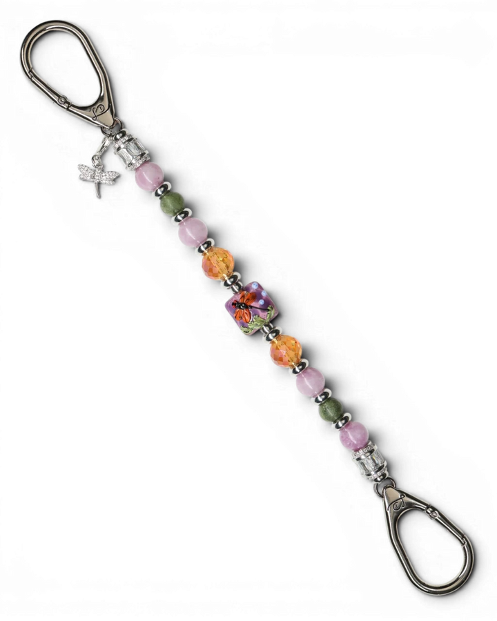 LD Keyfinder Dragonfly Magic keychain with purple lepidolite, green jade, orange glass beads, and rhinestone charm.
