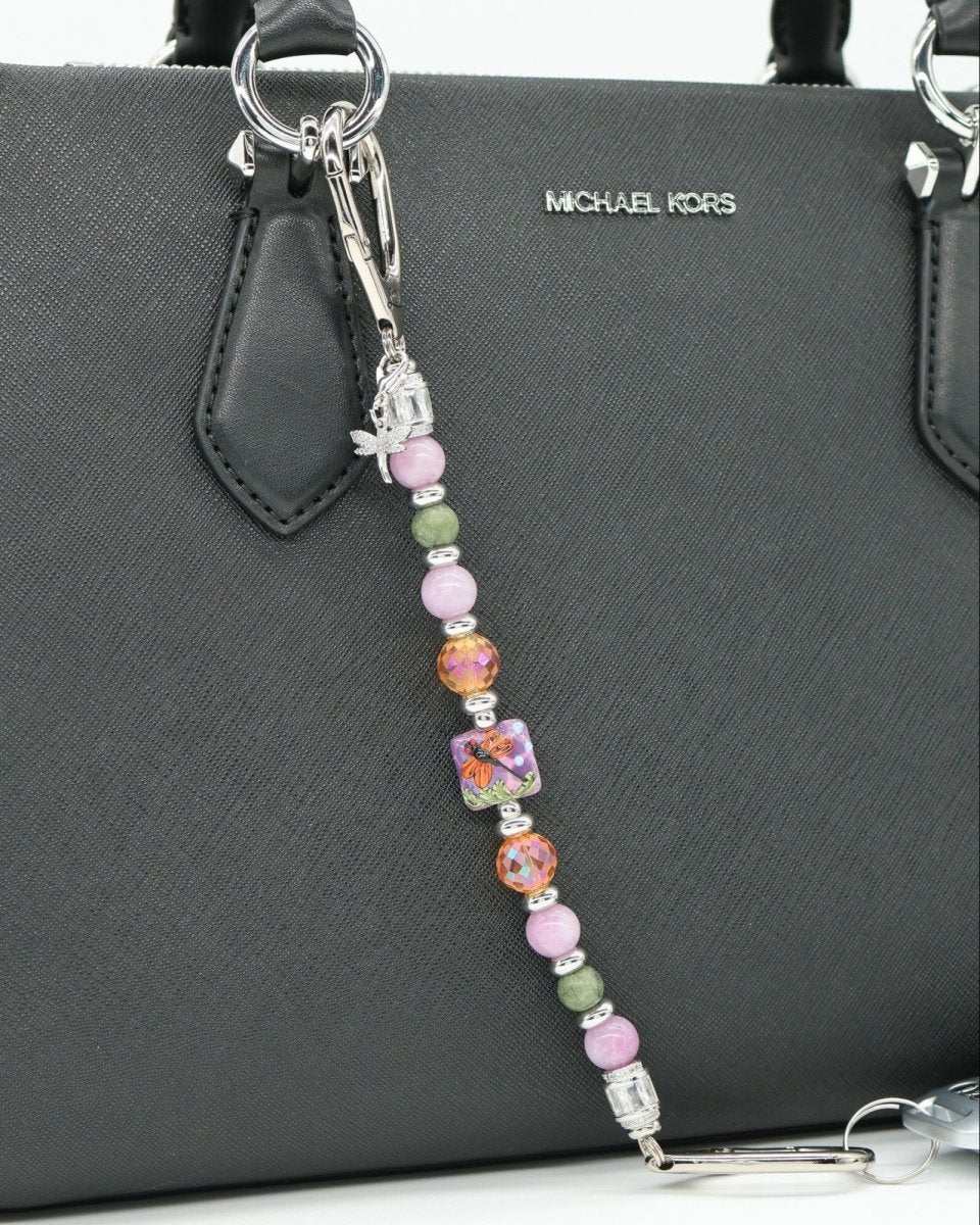 LD Keyfinder Dragonfly Magic charm with purple lepidolite, green jade, orange glass beads, and rhinestone dragonfly.