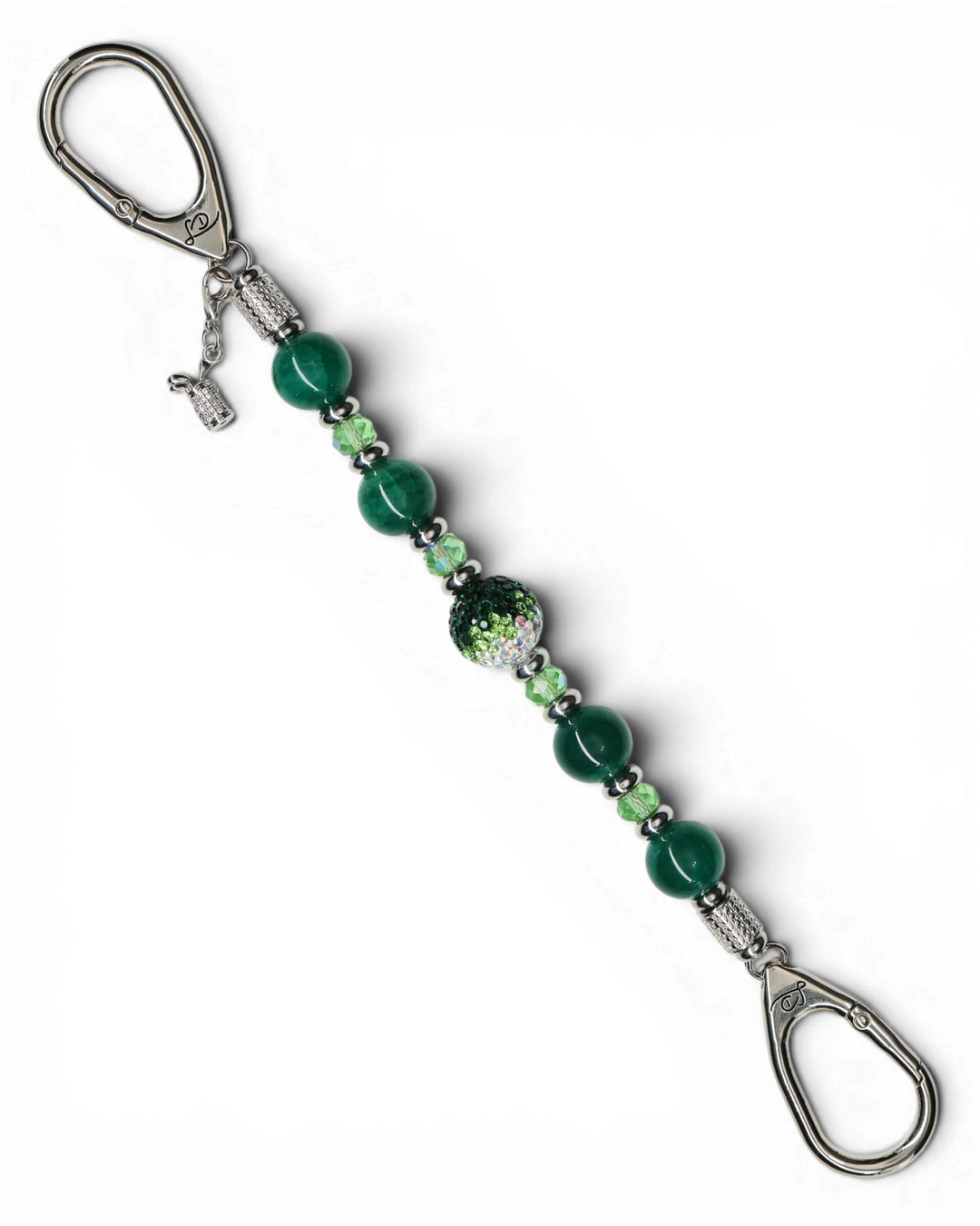 LD Keyfinder Emerald Links beaded keychain with green agate, Austrian crystals, and a rhinestone golf bag charm.