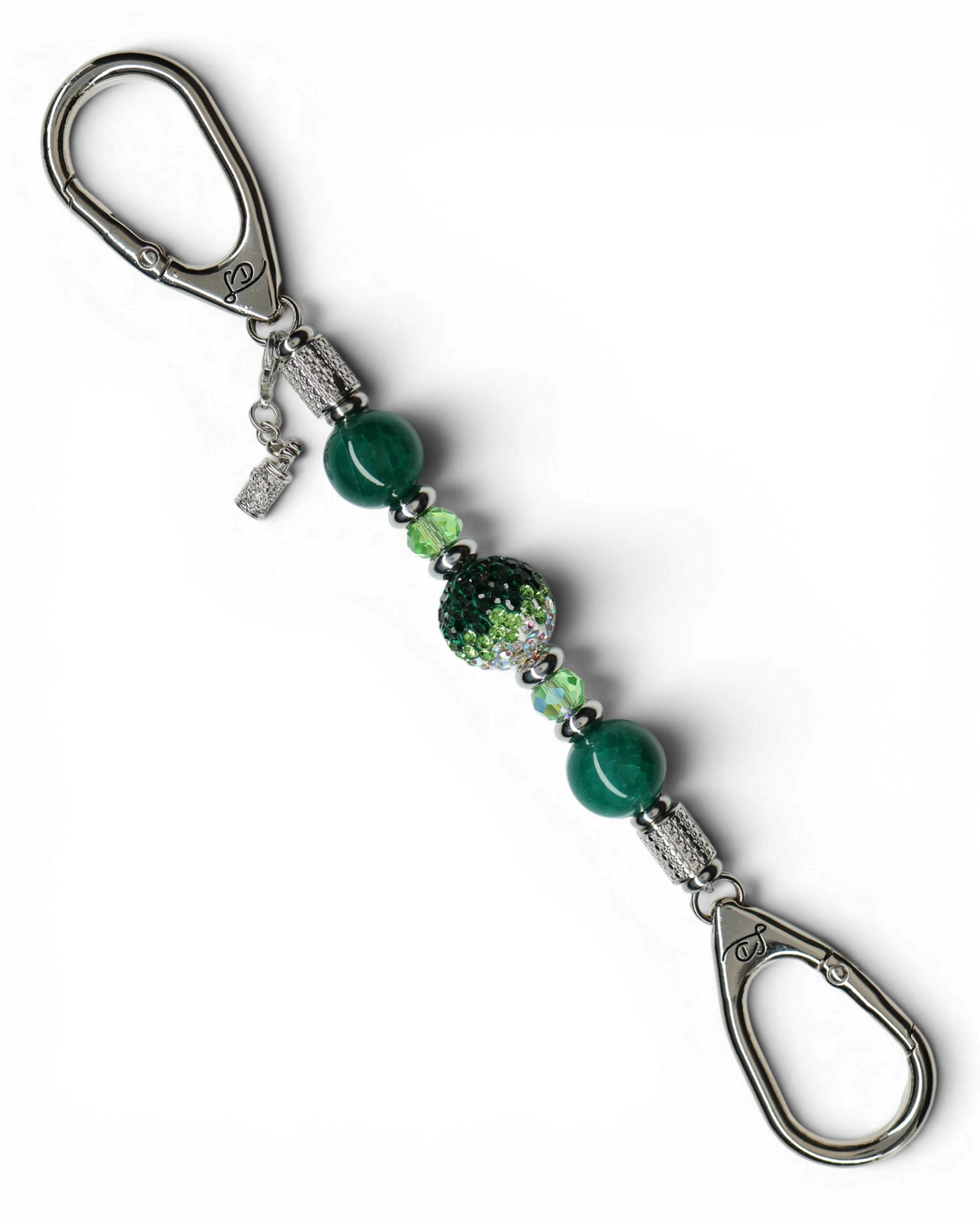 LD Keyfinder Emerald Links-Mini with green glass beads, Austrian crystal center, and a rhinestone golf bag charm.