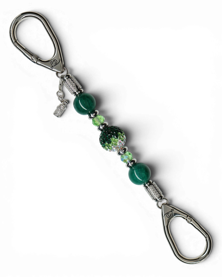 LD Keyfinder Emerald Links-Mini with green glass beads, Austrian crystal center, and a rhinestone golf bag charm.