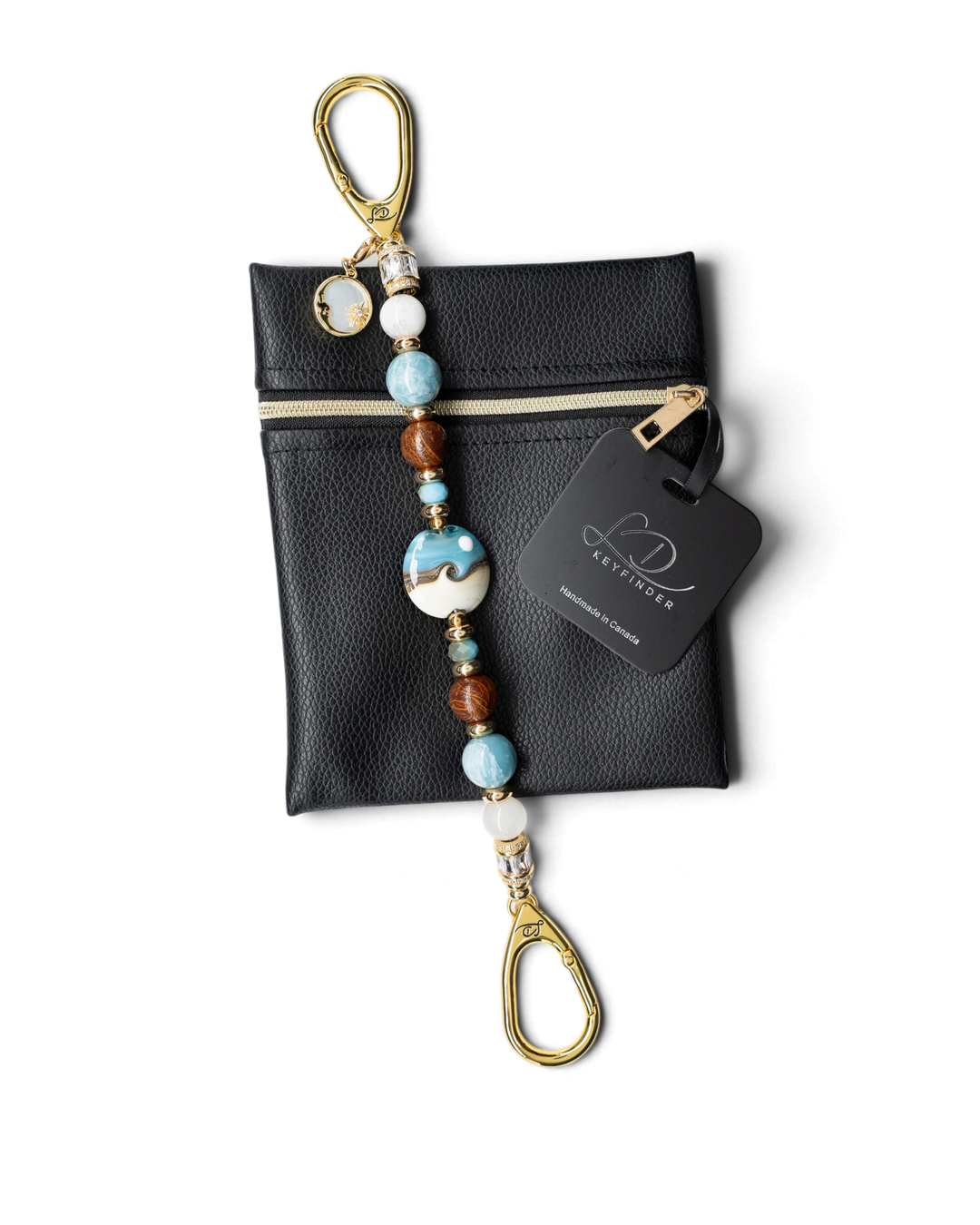 LD Keyfinder Equinox Harmony beaded keychain with moonstone, larimar, jasper, and artisan glass moon charm on black pouch