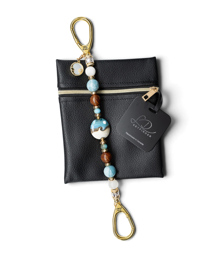 LD Keyfinder Equinox Harmony beaded keychain with moonstone, larimar, jasper, and artisan glass moon charm on black pouch