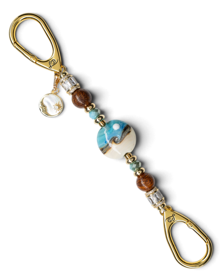 LD Keyfinder Petite Equinox Harmony featuring a handcrafted moon glass bead, jasper, blue jade, and gold moon charm.