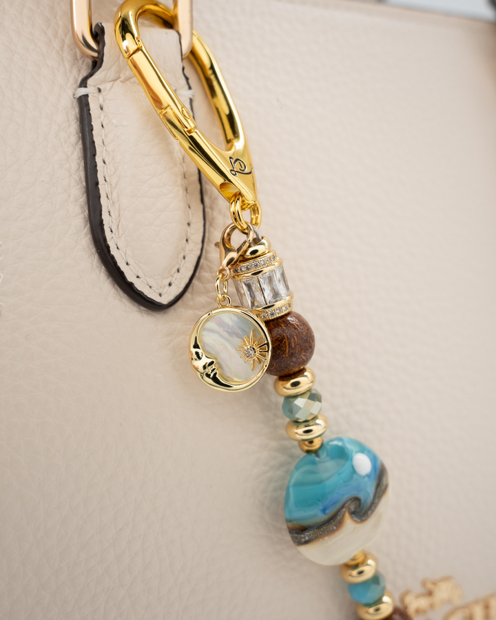LD Keyfinder Petite Equinox Harmony featuring a handcrafted moon glass bead, jasper, blue jade, and gold moon charm.