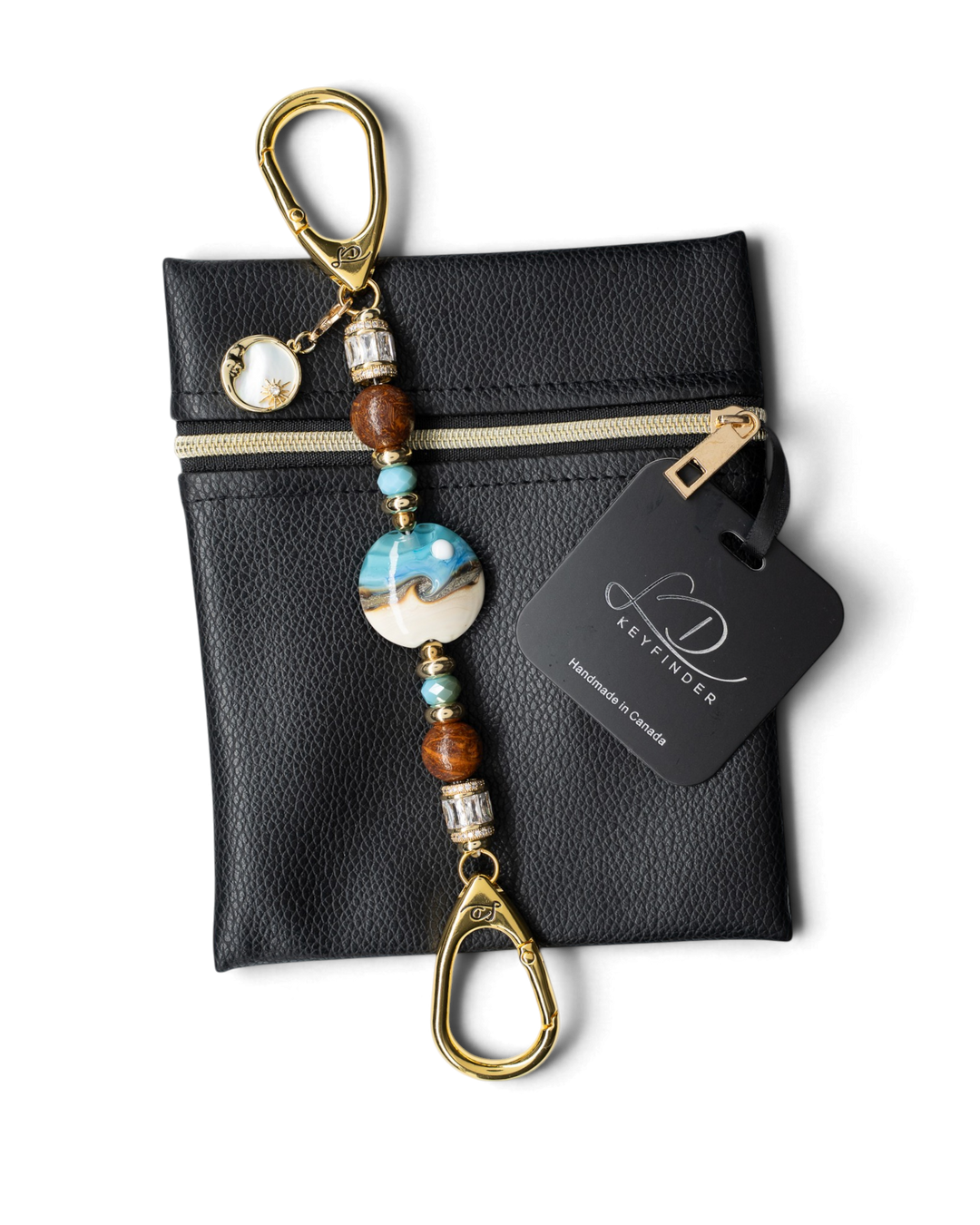 LD Keyfinder Petite Equinox Harmony beaded keychain with artisan glass moon bead, jasper, blue jade, and gold charms.