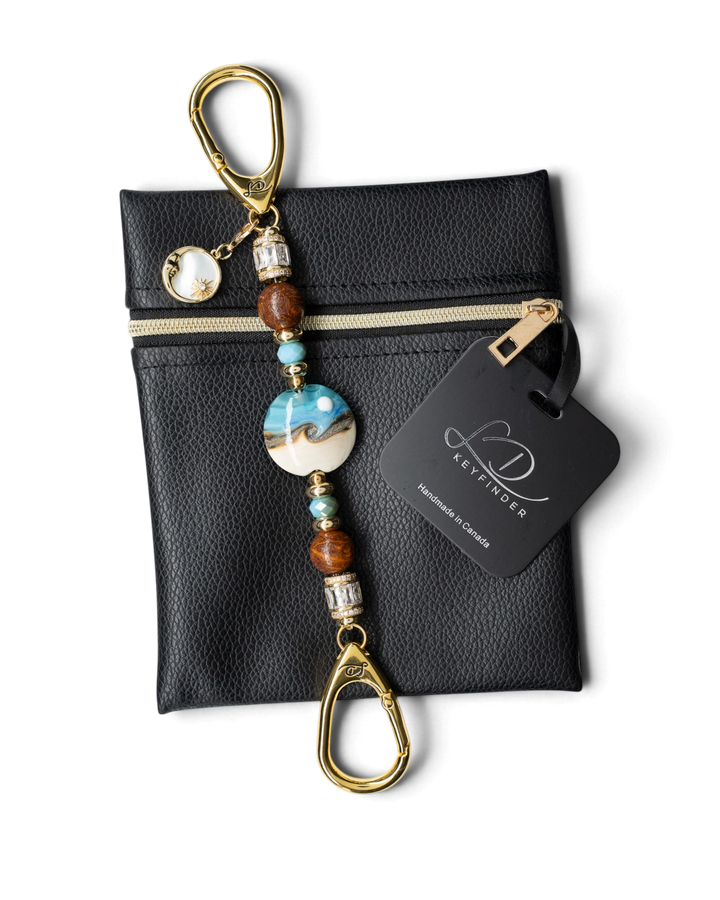 LD Keyfinder Petite Equinox Harmony beaded keychain with artisan glass moon bead, jasper, blue jade, and gold charms.