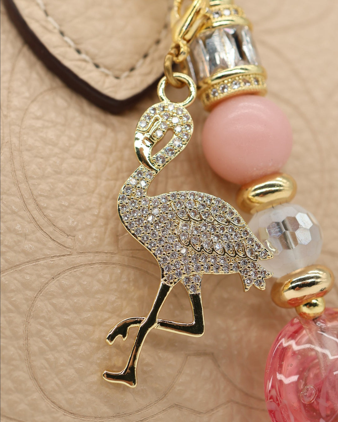 LD Keyfinder Petite Flamingo Fantasy charm with pink opal beads, crystal glass, and 18KT gold plated flamingo pendant.
